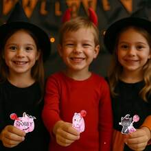 48pcs/1set Pink Watercolor Halloween Lollipop Card Inserts, Pumpkin Castle Ghost Black Cat Shaped Greeting Cards, With Holes For Candy Fixing, Paper Decorative Cards, Suitable For Children's Halloween Party Candy Packaging, Holiday Gifts, Kindergarten Gift Crafts - Multicolor - View 4