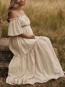 Maternity Off-Shoulder Layered Short Sleeve Crepe Fabric Slight Stretch Dress, Ruffle Hem Train Skirt Suitable For Lawn, Beach, Garden And Other Special Occasion Photography - Apricot - View 5