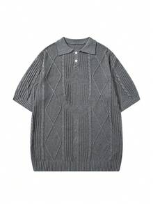 Men's Unisex Polo Collar Knit Top, Casual Business Commute Loose Fit Short Sleeve Pullover T-Shirt, Spring/Summer - Dark Grey - View 4