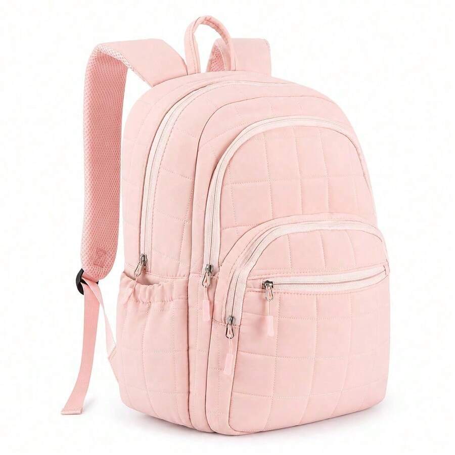 Quilted Multi-Pocket Backpack With Large Side Water Bottle Pockets For School Travel Daily Use - Pink - View 1