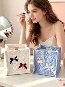 Heart Quilted Fabric Storage Basket With Pearl Bow, Desktop Cosmetic Organizer, Cute Bow Storage Box, Makeup Brush Holder, Stationery Organizer, Sweet Room Decor Box, Suitable For Dormitory Bedroom Cosmetic And Miscellaneous Storage, Back To School Dorm Essentials, Birthday Gift - Multicolor - View 2