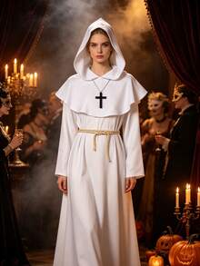Halloween Medieval Monk Priest Costume Set, White Hooded Robe With Cross Necklace And Rope Belt, Suitable For Masquerade, Cosplay Themed Party, Holiday Gift Choice - Multicolor - View 5