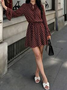 Women's Spring Autumn Summer Polka Dot V-Neck Long Sleeve Ruffle Tie Bodycon Dress Elegant Vacation - Coffee Brown - View 2
