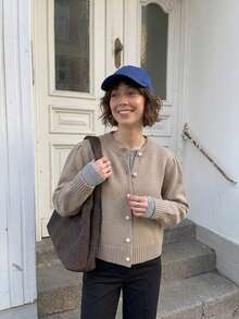 Women's Solid Color Crew Neck Long Sleeve Knit Cardigan - Khaki - View 2