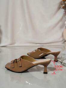 Women's Nude Patent Leather Square Toe High Heel Mule Sandals With Double Buckle Strap, Thin Heel, For Commute, Date, Party And Outdoor Wear - Khaki - View 2