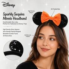 Disney Halloween Minnie Mouse Ear Headband, Orange And Black Sequin Decoration With Bow, Shiny Hair Accessory, Suitable For Theme Park Cosplay, Halloween Party And Autumn Outfit, Suitable For Women - A - View 3