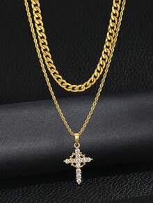 2pcs/Set Boys Fashion Popular Crown Cross Necklace With Twisted Chain & Cuban Chain For Kids Street Party Outdoors School Dates Jewelry For Daily Life - Gold - View 1