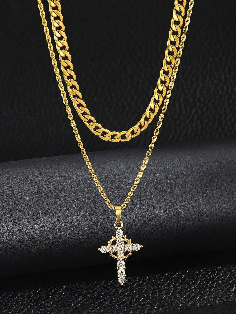 2pcs/Set Boys Fashion Popular Crown Cross Necklace With Twisted Chain & Cuban Chain For Kids Street Party Outdoors School Dates Jewelry For Daily Life - Gold - View 1
