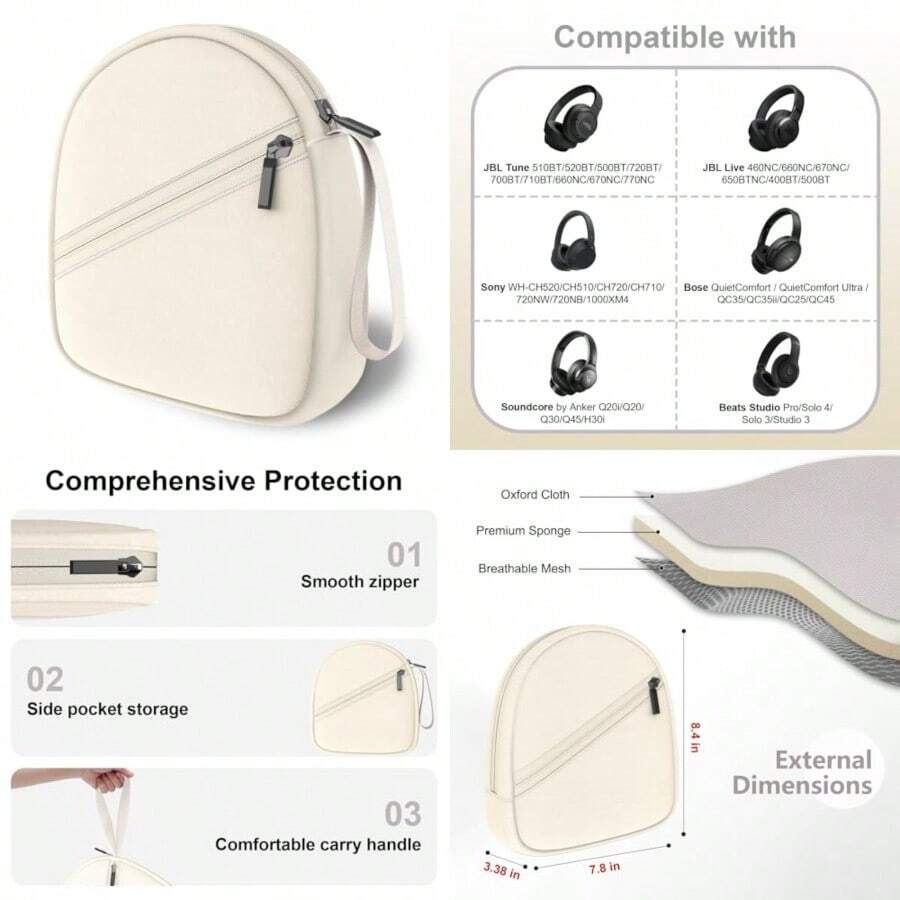 Headphone Headset Case Bag Compatible With Tune 770NC, 720BT, 510BT, 520BT, 500BT Soundcore By Anker Q20i, Q20, Q30, Q45 BERIBES TOZO KVIDIO JLab On-Ear Headphones - Khaki - 5.Khaki - View 1