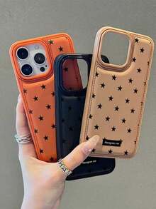 1pc Ins Puffy Leather Texture Star Pattern Shockproof Phone Case, Suitable For 17 16 15 14 13 12 11 Pro Max, Transparent Phone Protective Cover Waterproof Shockproof Scratch-Resistant - Black - View 4