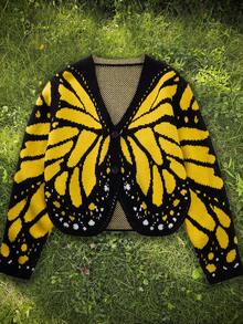 Cardigan Rajut Leher V Musim Gugur Wanita - Sweater Rajut Jacquard Motif Kupu-kupu, Desain Jacquard Warna Kontras, Elastisitas Sedang, Cocok untuk Liburan Musim Gugur. - MultiWarna - View 2