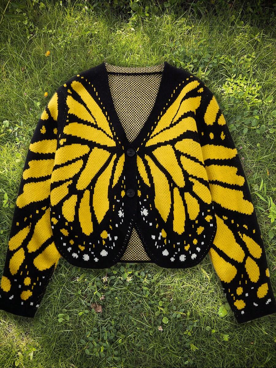 Cardigan Rajut Leher V Musim Gugur Wanita - Sweater Rajut Jacquard Motif Kupu-kupu, Desain Jacquard Warna Kontras, Elastisitas Sedang, Cocok untuk Liburan Musim Gugur.