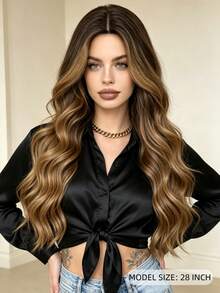 Wig Belahan Tengah 28 Inci dengan Highlight Cokelat Gradien, Wig Serat Sintetis Panjang Bergelombang, Rambut Tahan Panas Tampilan Alami, Cocok untuk Pemakaian Sehari-hari dan Pesta Wanita - MultiWarna - View 1