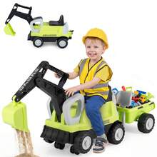 Kids Ride On Tractor 2-In-1 Ride On Push Car W/Detachable Trailer Rake Shovel - Green - View 3