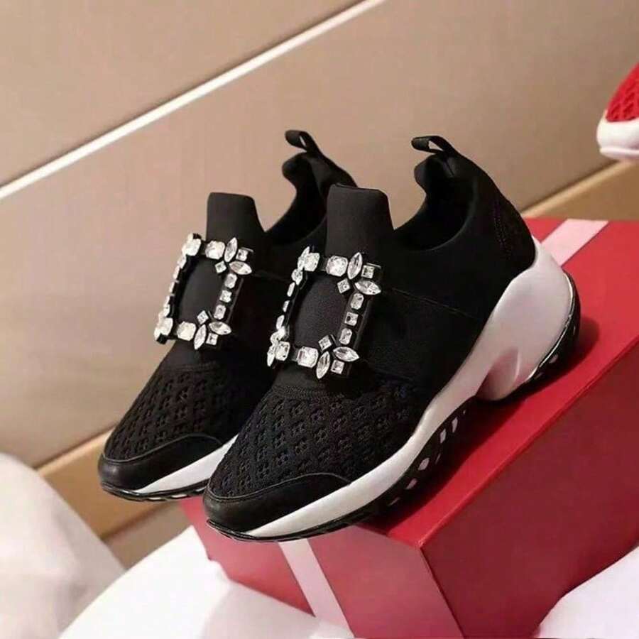 New RV Sneakers, Casual Platform Shoes, Elevated Mesh Creepers With Square Buckle, European And American Style Design - 黑色經典水鑽扣 - 查看 1