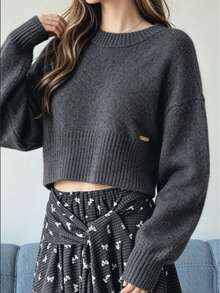 Alicedudu Women's Autumn/Winter Minimalist Fashion Crew Neck Pullover Sweater - Dark Grey - View 5