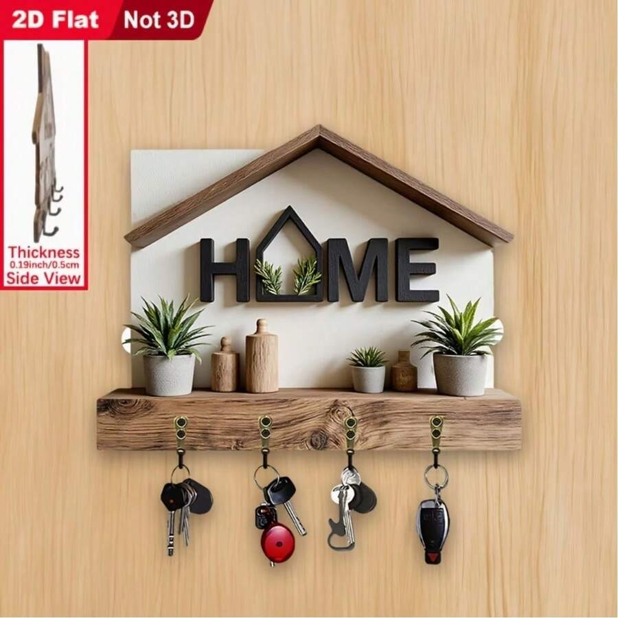 2pcs 2D Flat HOME Themed Key Holder Hook, Wooden Multi-Function Key Rack With 4 Metal Hooks, Wall Decor, Entryway, Room, Kitchen, Villa, Seasonal Home Decor - Multicolor - View 1