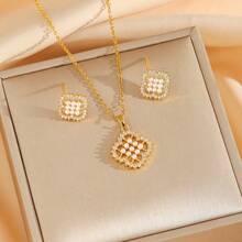 1 Set Stainless Steel Chain Cubic Zirconia Four-Leaf Clover Faux Pearl Pendant Necklace And Earrings Jewelry Set, Fashion Gift Accessories For Women - Multi-color B - View 4