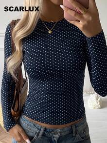 SCARLUX Autumn Y2K Deep Blue Polka Dot Crew Neck Short Long Sleeve T-Shirt, Slim Fit Casual Top, Suitable For Back To School Season - Navy Blue - View 1