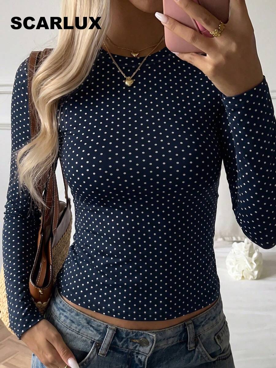 SCARLUX Autumn Y2K Deep Blue Polka Dot Crew Neck Short Long Sleeve T-Shirt, Slim Fit Casual Top, Suitable For Back To School Season - Navy Blue - View 1