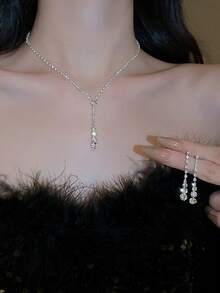 Rhinestone Chain Stud Earrings & Necklace Set - Silver - View 5