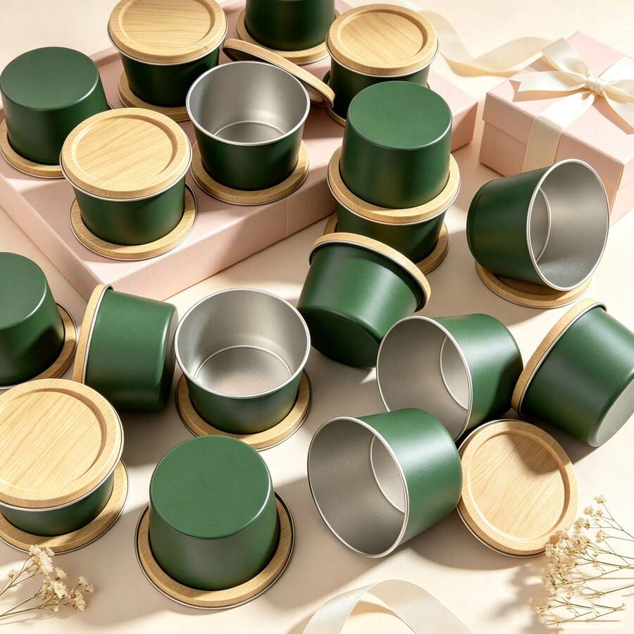 HIZTGHC 9/16pcs Empty Candle Tins With Wood Grain Lid, Matte Dark Green Mini Candle Tins, 2.56"*1.54"(6.5*3.9cm) Metal Candle Containers, Suitable For DIY Candle Making, Aromatherapy, Storage