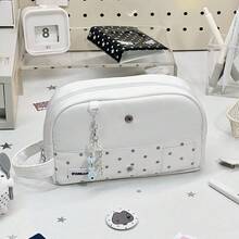 1pc White Polka Dot Foldable Pencil Case, Minimalist Portable Storage Bag With Mesh Compartment And Zipper Closure, Large Capacity Organizer For Pens, Makeup Tools, Beauty Accessories And Small Items - White Polka Dot Foldable Pencil Case - View 4