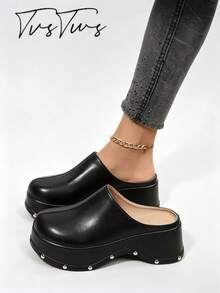 Vintage Minimalist Closed-Toe Perforated Mule Shoes, Rivet Wavy Platform Sole Slip-On Slippers - Black - View 1