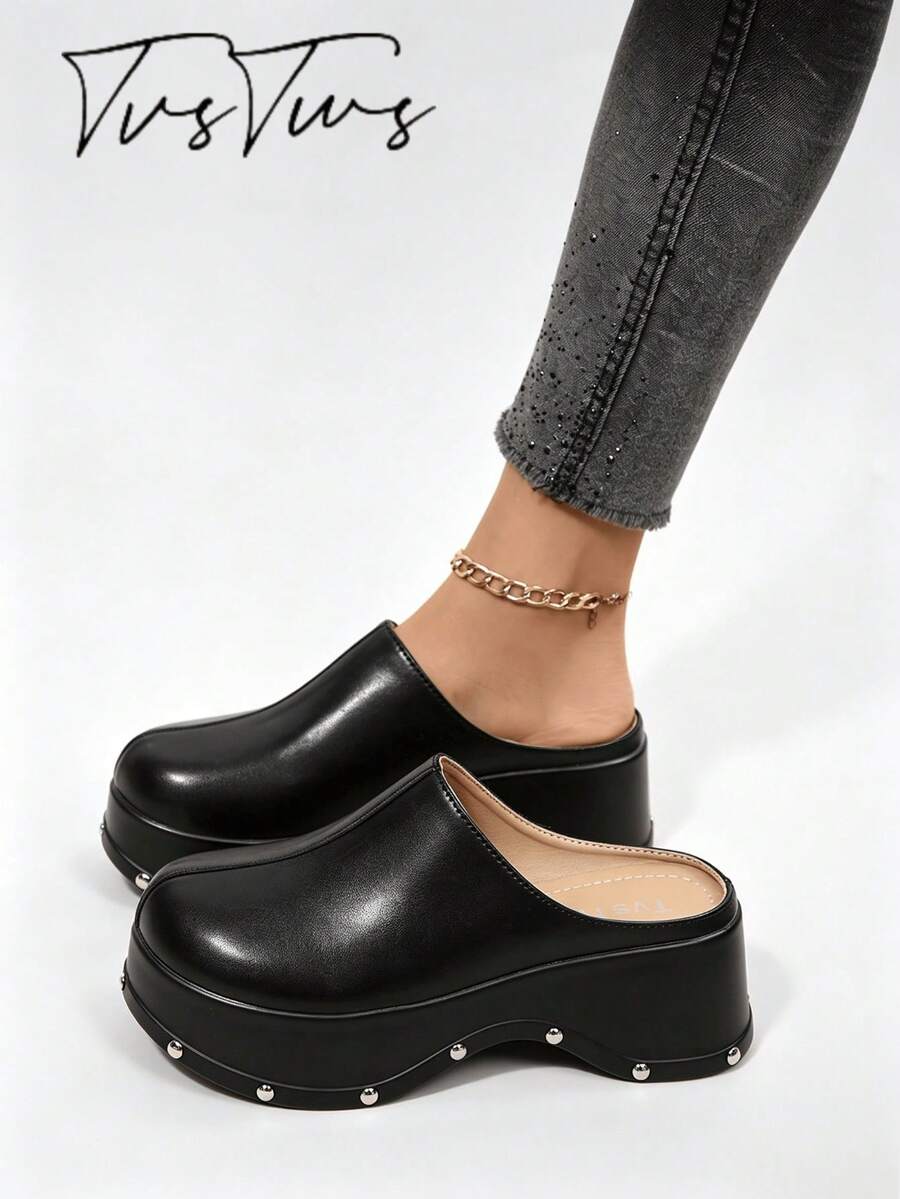 Vintage Minimalist Closed-Toe Perforated Mule Shoes, Rivet Wavy Platform Sole Slip-On Slippers - Black - View 1