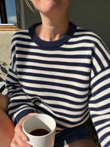 Casual Fall Clothes For Women Fashionable Crew Neck Color Block Striped Long Sleeve Knit Pullover - Royal Blue - View 5
