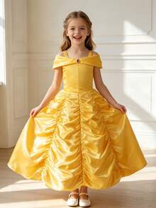 Vestido amarillo formal de princesa para niña joven con detalles plisados - Multicolor - Ver 1