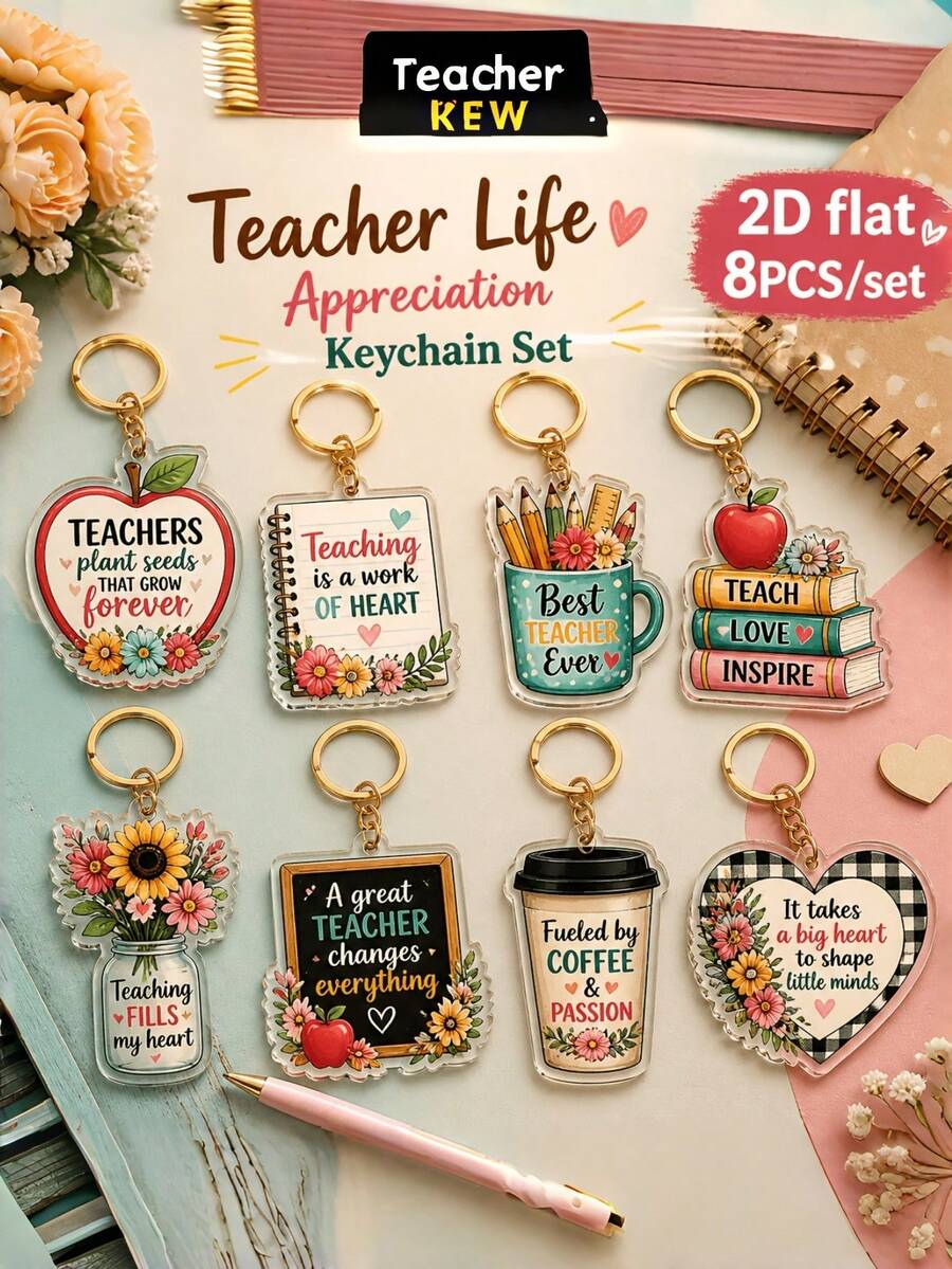 2D Flat Style, [2D Flat] 8/4/1pc Inspirational Teacher Appreciation Acrylic Keychain, Colorful Floral Quote Bag Charm, Gift For Educators, 2D Flat Style - Multicolor - View 1