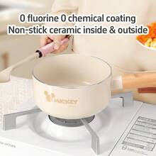 Mesuca Cooking Milk Pot Officially Licensed Disney Cartoon Print Cream Color Ceramic Non-stick Coating Wooden Handle No Fluorine Small Soup Pot 1 Piece - 杏色 - 查看 1