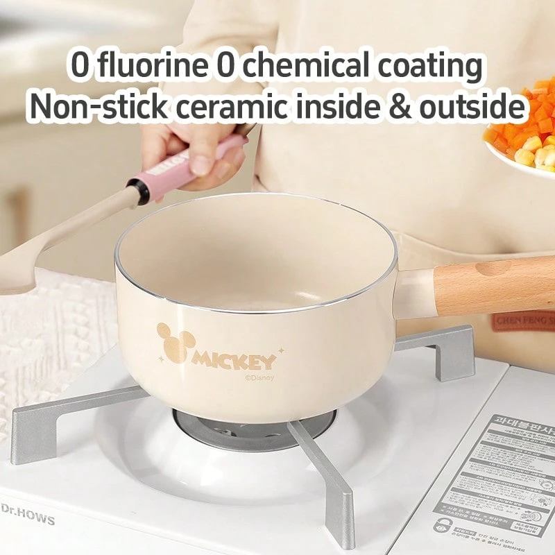 Mesuca Cooking Milk Pot Officially Licensed Disney Cartoon Print Cream Color Ceramic Non-stick Coating Wooden Handle No Fluorine Small Soup Pot 1 Piece - 杏色 - 查看 1