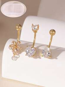 3pcs Fashionable Elegant 18K Gold Stainless Steel Flower Heart Water Drop Zirconia Women's Belly Button Piercing Set, Suitable For Daily Versatile Wear - Multicolor - View 1