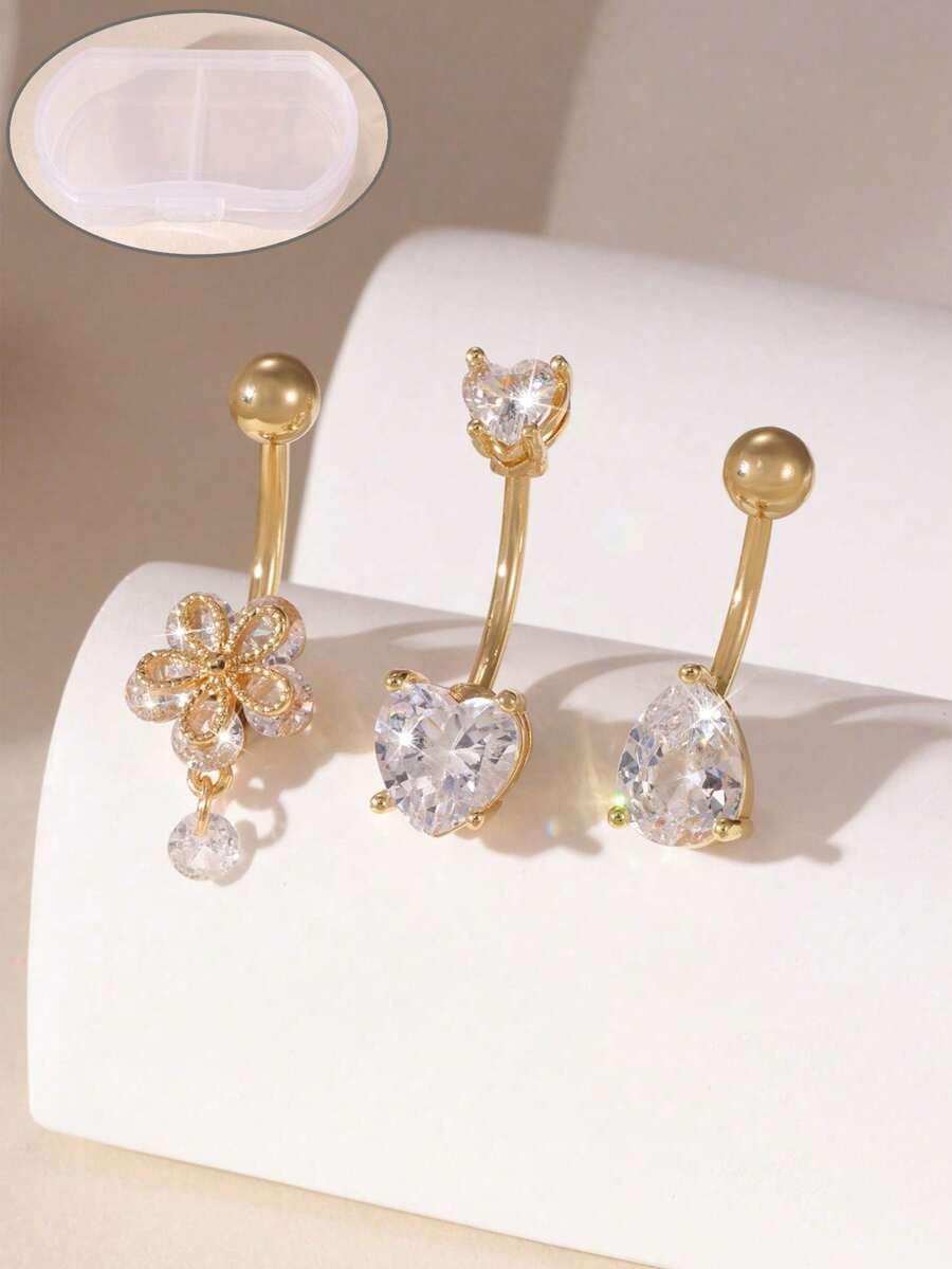 3pcs Fashionable Elegant 18K Gold Stainless Steel Flower Heart Water Drop Zirconia Women's Belly Button Piercing Set, Suitable For Daily Versatile Wear - Multicolor - View 1