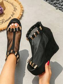 Women's Summer New Black Thick Platform Wedge Sandals With Metal Decor Back Zipper Open Toe High-Top Punk Style Mesh High Heel Wedge Sandals - Black Mesh - Small Metal Bar - View 3