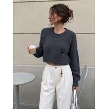 Alicedudu Women's Autumn/Winter Minimalist Fashion Crew Neck Pullover Sweater - Dark Grey - View 1