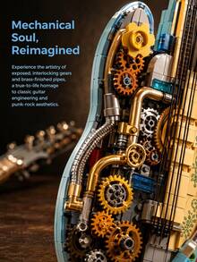 950pcs Steampunk Guitar Building Blocks, Mechanical Gear Electric Guitar Brick Model, Retro Mechanical Structure Building Blocks, DIY Assembly Musical Instrument Set, Home Desktop Decoration Display Model, Birthday Or Holiday Gift For Music Lovers - Multicolor - View 4