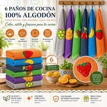 مجموعة من 6 مناشف مطبخ من القطن 100% مع تطريز الفاكهة، مناشف يد ماصة 50x50 سم للتجفيف السريع وديكور مطبخ حيوي - متعدد الألوان - مشاهدة 4