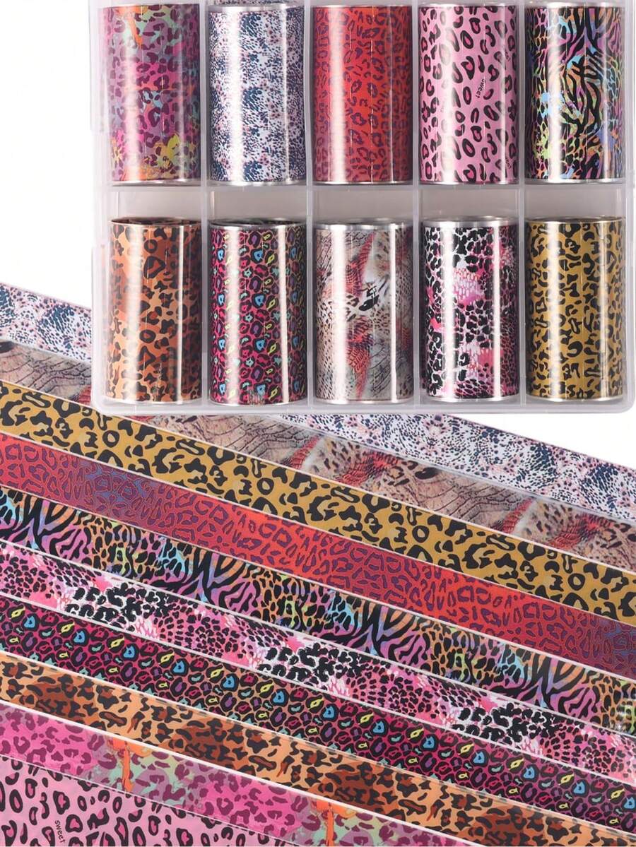 10pcs/Box Leopard Print Nail Foils Transfer Nail Art Cheetah Print Nail Art Foil Stickers Winter Nail Art Decorations Laser Starry Sky Paper Manicure Accessories For Women Nails Art Design Decoration - Multicolor - View 1