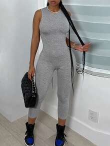 EARO Women's Jumpsuit, 3/4 Length, Slim Fit, Soft And Comfortable Fabric, Lightweight Fabric, Hugs The Body, Recommended To Size Down, Back To School Season, Summer Black Jumpsuit, Outdoor, Daily Commute, Sports, Youthful, Casual, Hidden Back Zipper - Gray - View 7