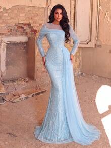 Faeriesty Luxurious Elegant Mermaid Tulle Layered Beaded Formal Evening Gown, Suitable For Party And Wedding Fall - Baby Blue - View 5