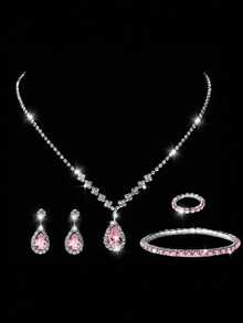 Set de 5 piezas de joyería con rhinestones que incluye aretes, anillo, pulsera, collar, estilo dulce y suave Y2K, adecuado como accesorios para vestido de novia y boda - Rosa - Ver 1