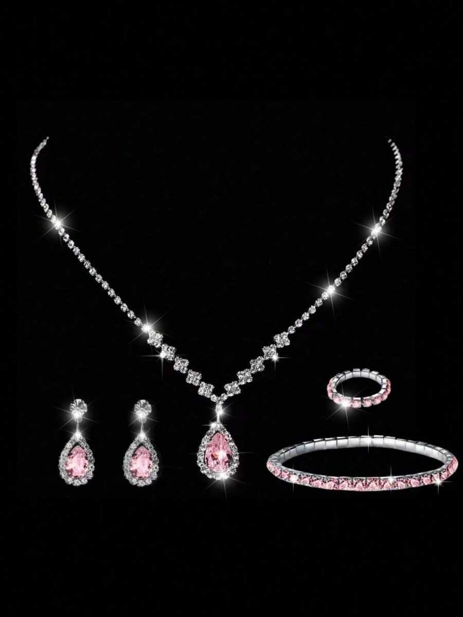 Set de 5 piezas de joyería con rhinestones que incluye aretes, anillo, pulsera, collar, estilo dulce y suave Y2K, adecuado como accesorios para vestido de novia y boda - Rosa - Ver 1