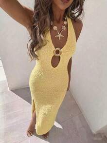 Women's Yellow Spaghetti Strap Knit Dress - Fitted Knit Dress With Back Slit, Suitable For Summer Vacation, Beach And Party Wear - Yellow - View 4