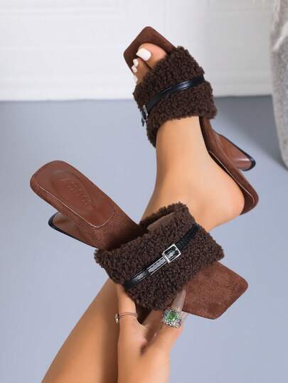 Coffee Faux Teddy Fleece Single Strap Slide Sandals For Women, Square Toe Novelty Heel Slip On Mules, Daily Fashion Outdoor Shoes