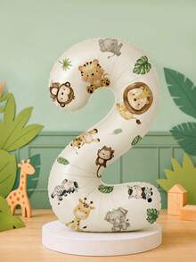 3pcs Jungle Animal Sticker Set, Includes 32-Inch Cream Color Foil Number Balloon, Suitable For Birthday Party, Baby Shower Decoration, Photo Props And Party Supplies - View 1