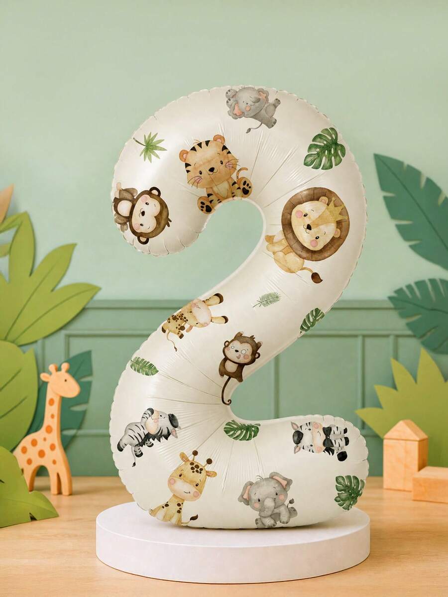 3pcs Jungle Animal Sticker Set, Includes 32-Inch Cream Color Foil Number Balloon, Suitable For Birthday Party, Baby Shower Decoration, Photo Props And Party Supplies - View 1