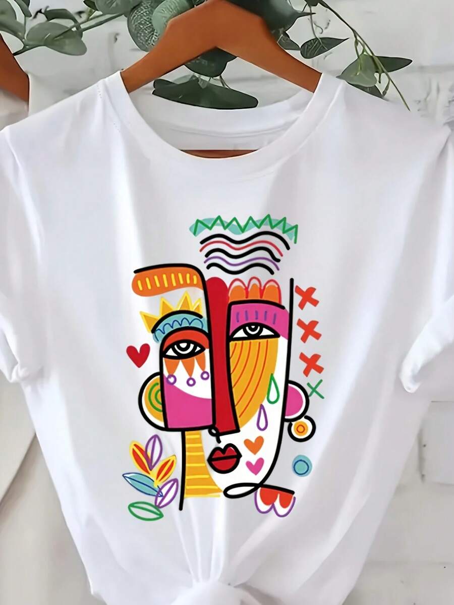Casual Printed T-Shirt For Women, Short Sleeve Crew Neck With Floral Bright Heart Pattern, Light Breathable Material, Spring Summer Autumn Wear - 白色 - 查看 1